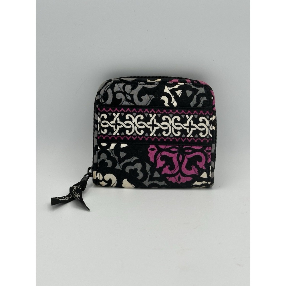 Vera Bradley Canterberry Square Zip Around Wallet Black White Purple Quilted
